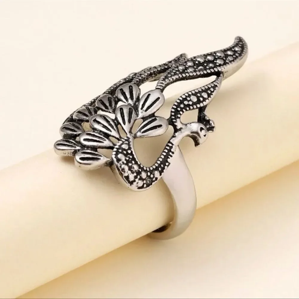 Silver Peacock Cuff Ring